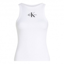 Calvin Klein Canotta Slim A Costine Con Monogramma Bianco Donna